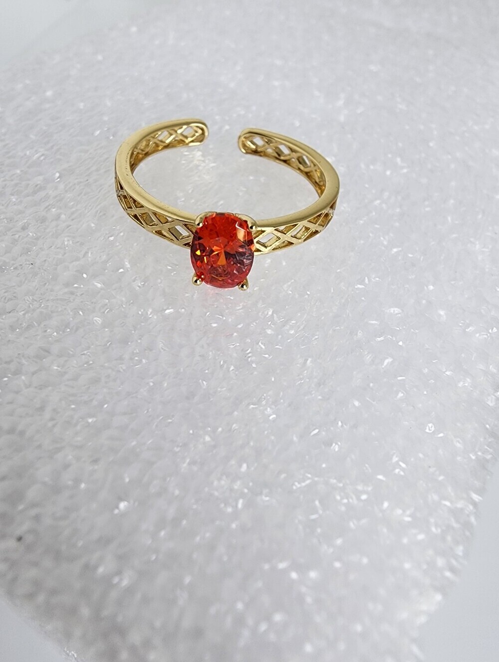 Gold Plated Adjustable Ring Red Ruby CZ Solitaire Statement Ring